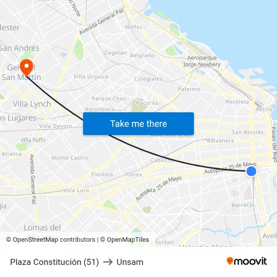 Plaza Constitución (51) to Unsam map