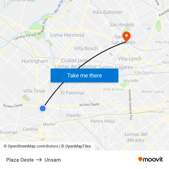 Plaza Oeste to Unsam map