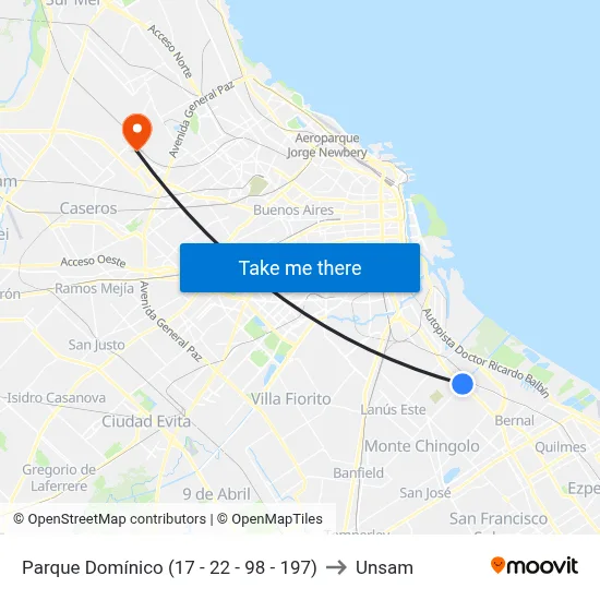 Parque Domínico (17 - 22 - 98 - 197) to Unsam map