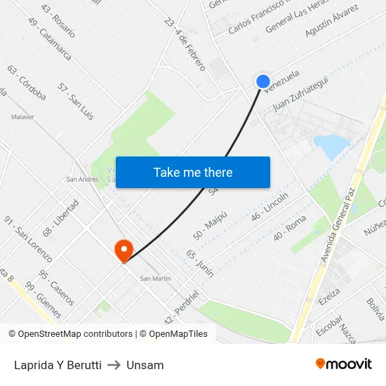 Laprida Y Berutti to Unsam map