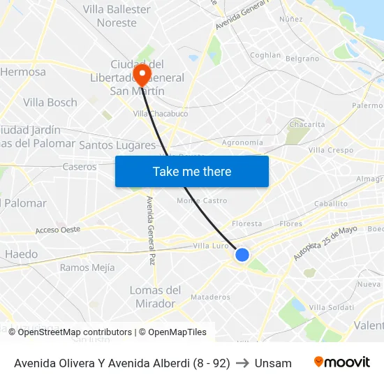Avenida Olivera Y Avenida Alberdi (8 - 92) to Unsam map