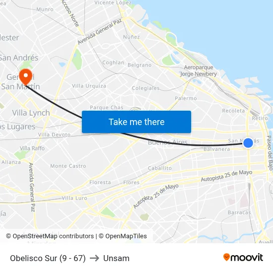 Obelisco Sur (9 - 67) to Unsam map