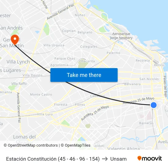 Estación Constitución (45 - 46 - 96 - 154) to Unsam map