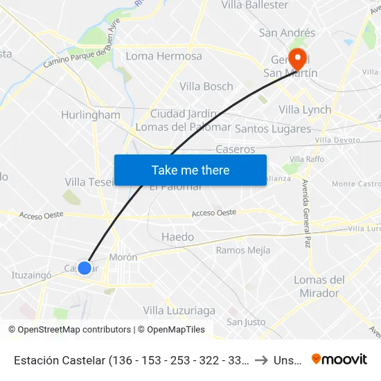 Estación Castelar (136 - 153 - 253 - 322 - 336 - 392) to Unsam map