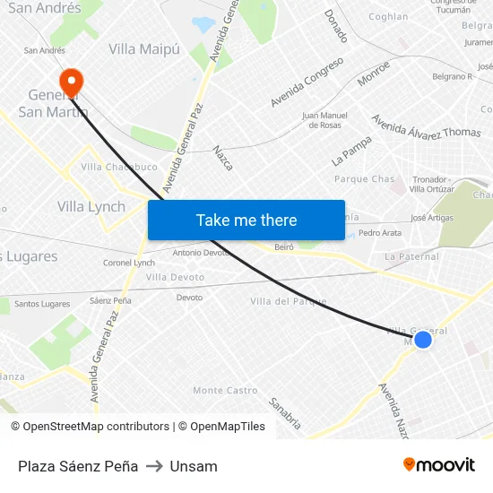 Plaza Sáenz Peña to Unsam map