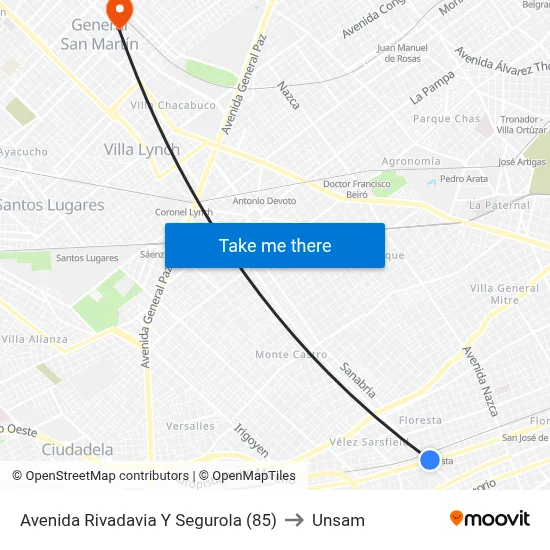 Avenida Rivadavia Y Segurola (85) to Unsam map