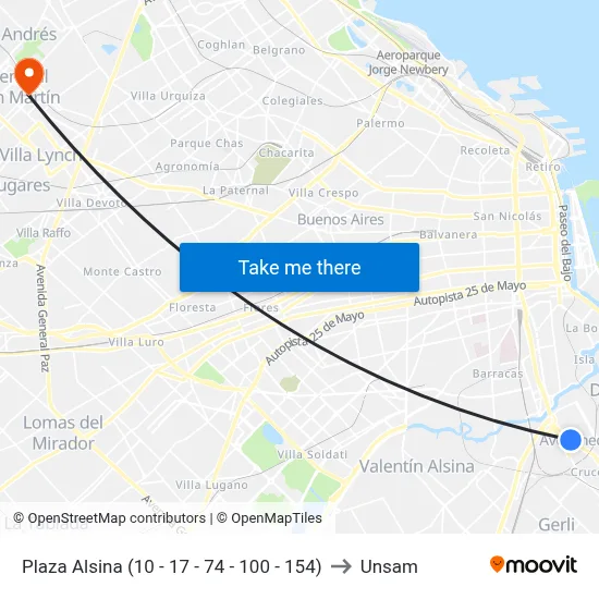 Plaza Alsina (10 - 17 - 74 - 100 - 154) to Unsam map