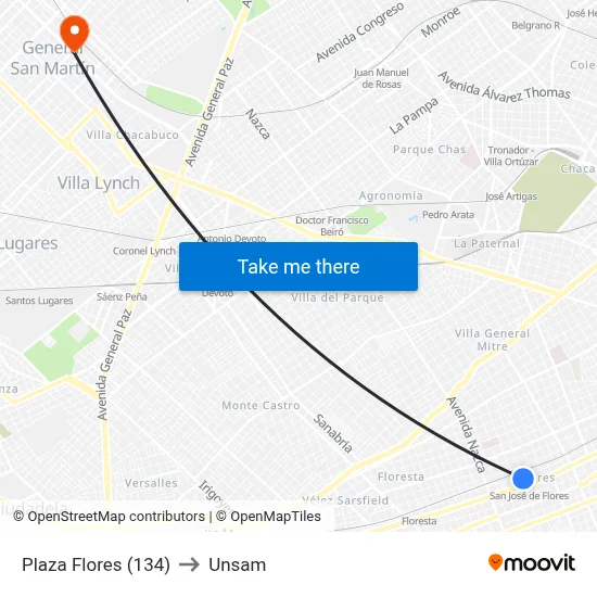 Plaza Flores (134) to Unsam map