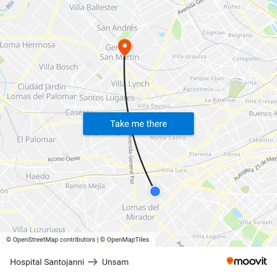 Hospital Santojanni to Unsam map
