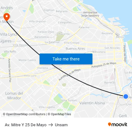 Av. Mitre Y 25 De Mayo to Unsam map