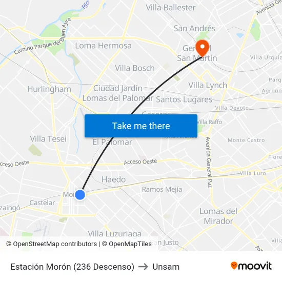 Estación Morón (236 Descenso) to Unsam map