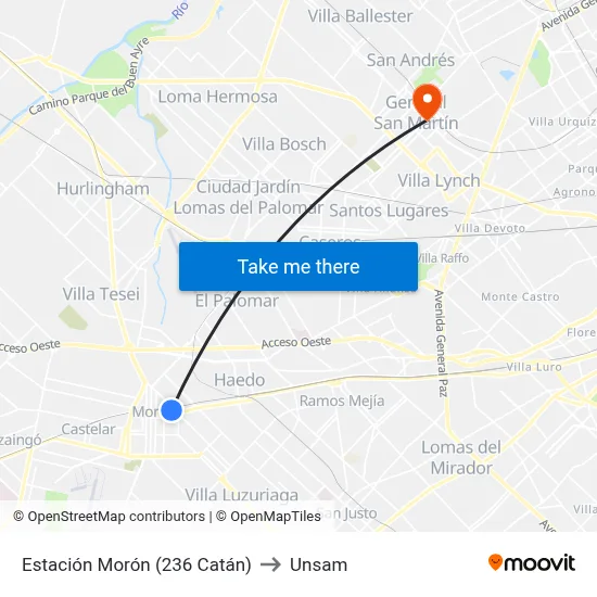 Estación Morón (236 Catán) to Unsam map