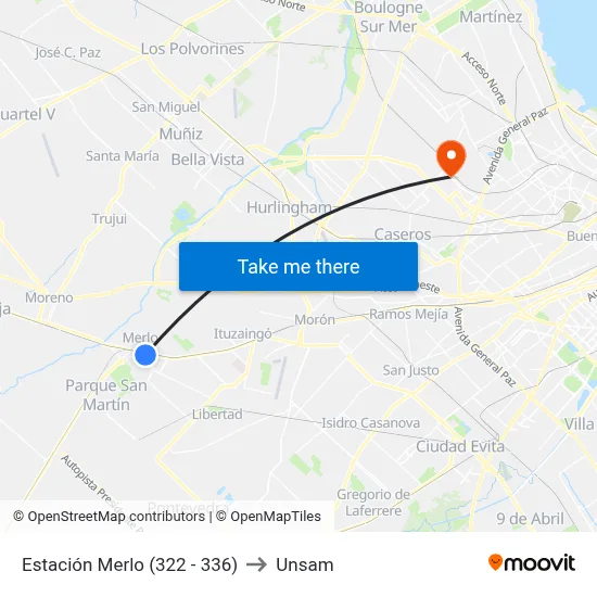 Estación Merlo (322 - 336) to Unsam map