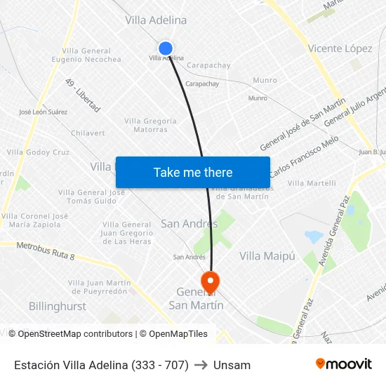 Estación Villa Adelina (333 - 707) to Unsam map