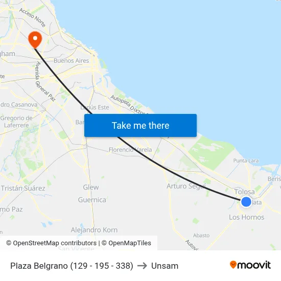 Plaza Belgrano (129 - 195 - 338) to Unsam map