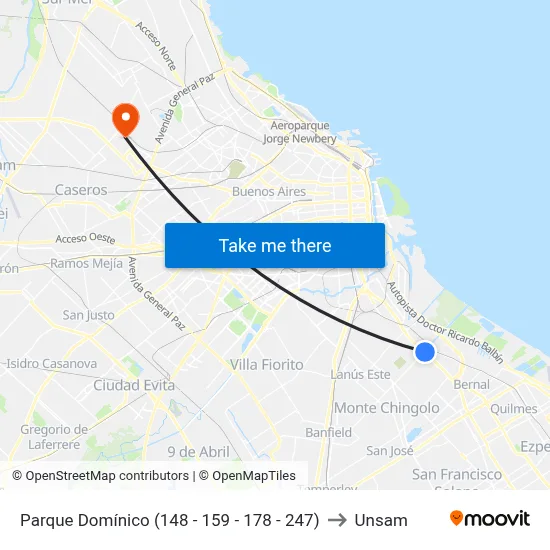 Parque Domínico (148 - 159 - 178 - 247) to Unsam map