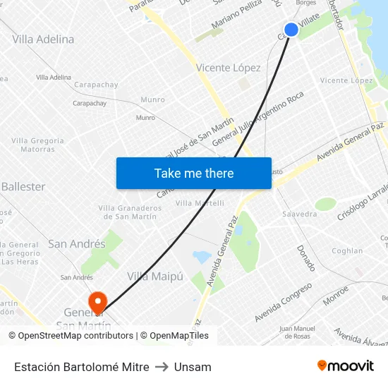 Estación Bartolomé Mitre to Unsam map