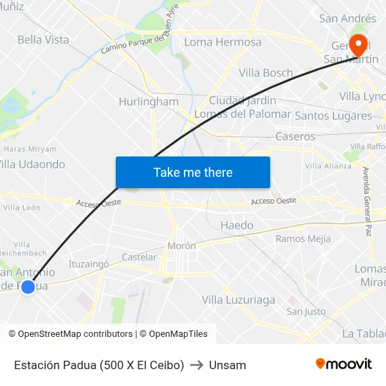 Estación Padua (500 X El Ceibo) to Unsam map