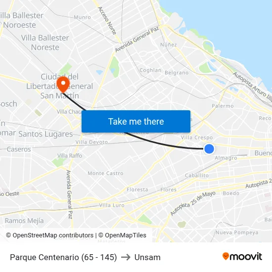 Parque Centenario (65 - 145) to Unsam map