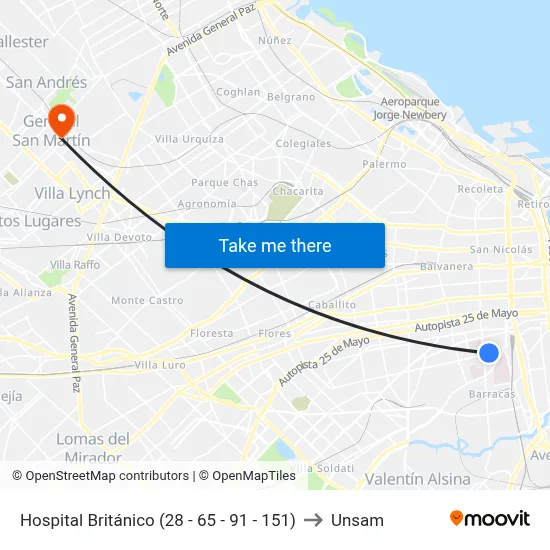 Hospital Británico (28 - 65 - 91 - 151) to Unsam map
