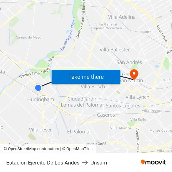 Estación Ejército De Los Andes to Unsam map