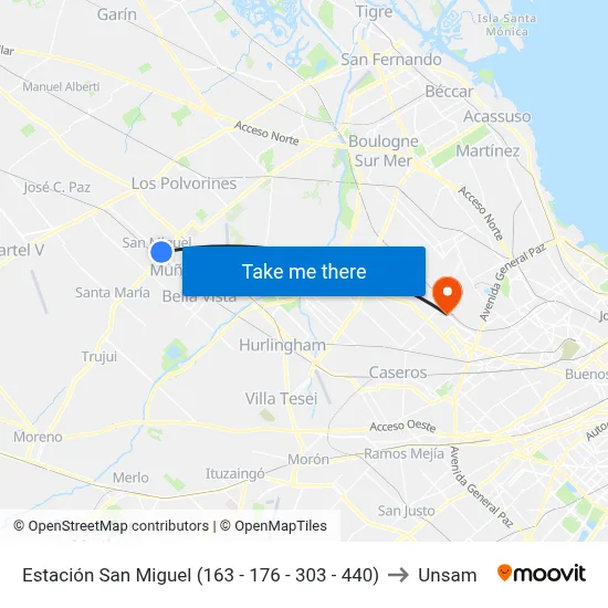 Estación San Miguel (163 - 176 - 303 - 440) to Unsam map