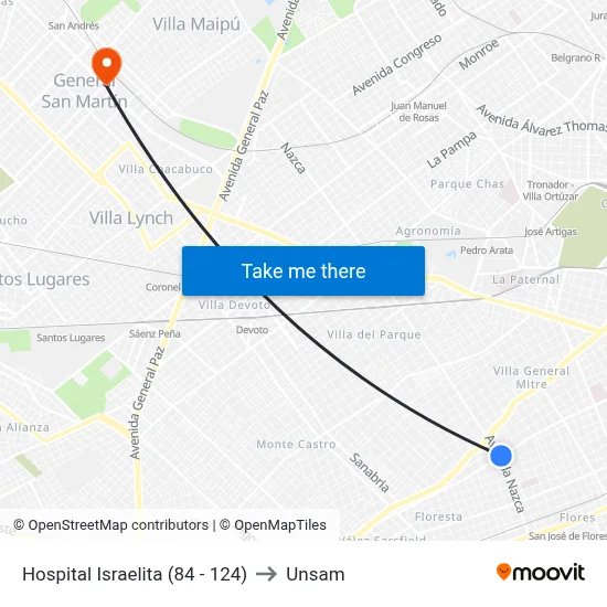 Hospital Israelita (84 - 124) to Unsam map