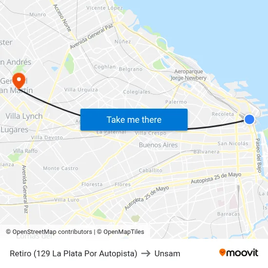 Retiro (129 La Plata Por Autopista) to Unsam map