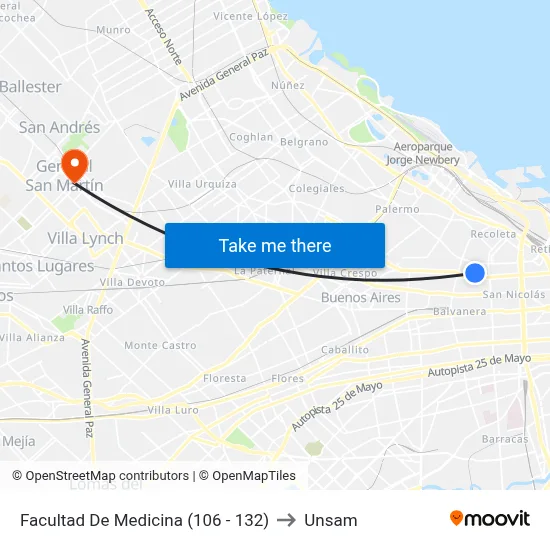 Facultad De Medicina (106 - 132) to Unsam map