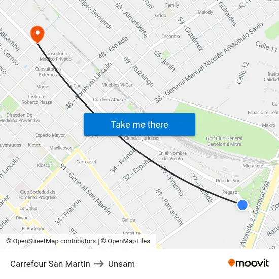 Carrefour San Martín to Unsam map