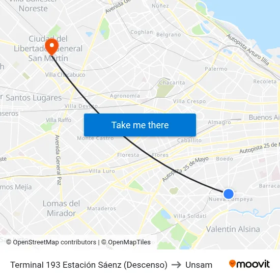 Terminal 193 Estación Sáenz (Descenso) to Unsam map