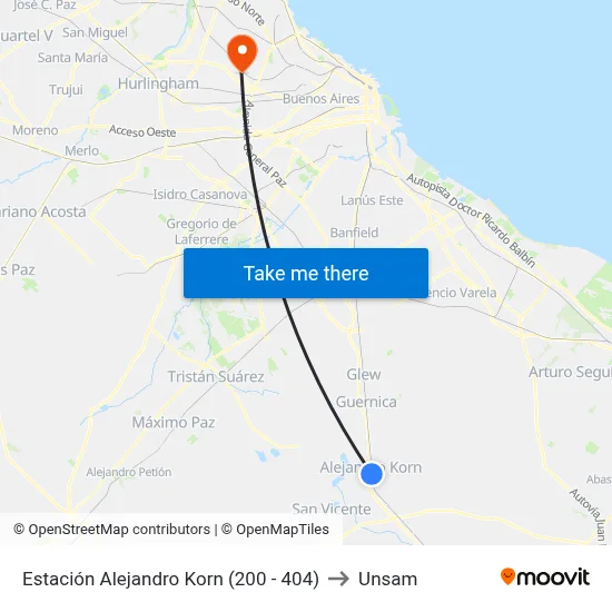 Estación Alejandro Korn (200 - 404) to Unsam map