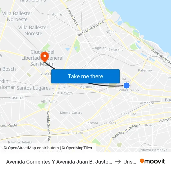 Avenida Corrientes Y Avenida Juan B. Justo (65 - 127) to Unsam map