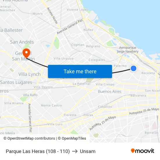 Parque Las Heras (108 - 110) to Unsam map