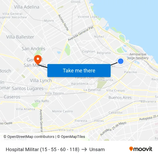 Hospital Militar (15 - 55 - 60 - 118) to Unsam map