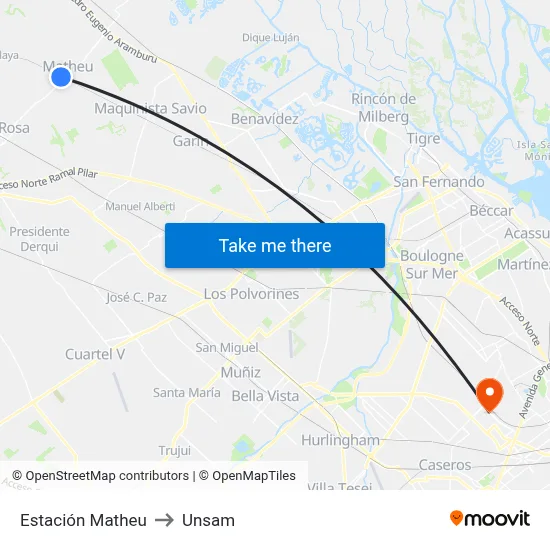 Estación Matheu to Unsam map