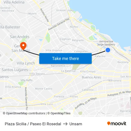 Plaza Sicilia / Paseo El Rosedal to Unsam map