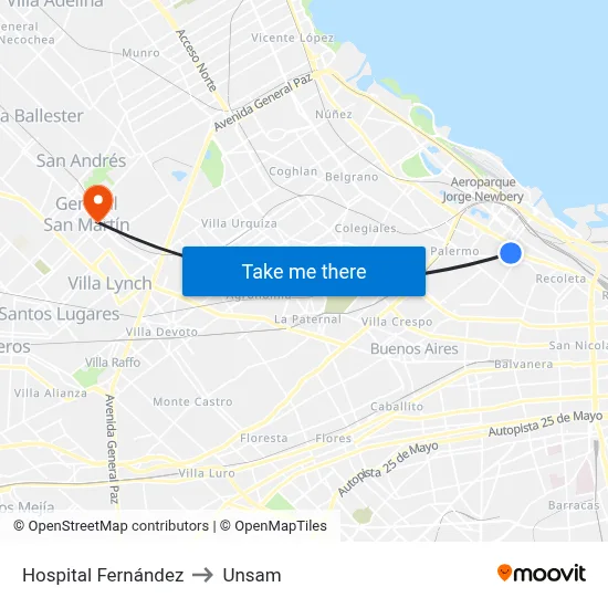 Hospital Fernández to Unsam map