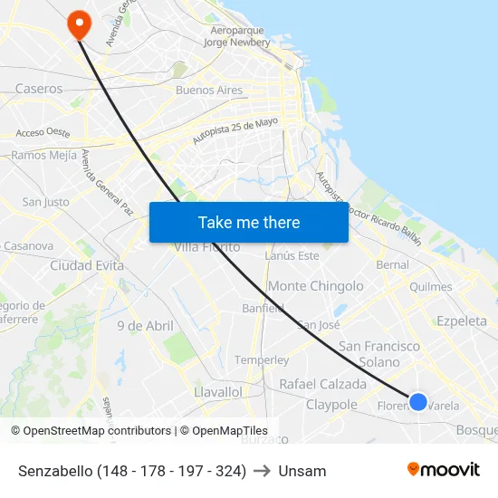 Senzabello (148 - 178 - 197 - 324) to Unsam map