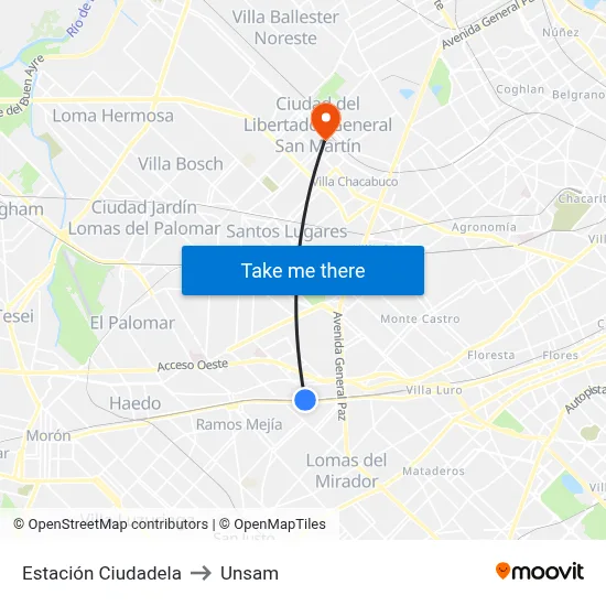 Estación Ciudadela to Unsam map