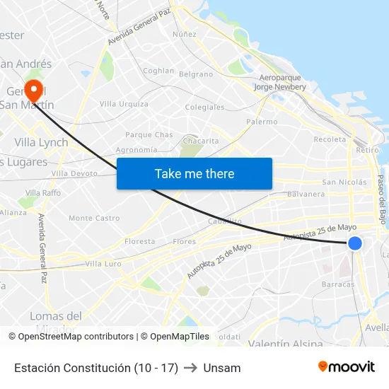 Estación Constitución (10 - 17) to Unsam map