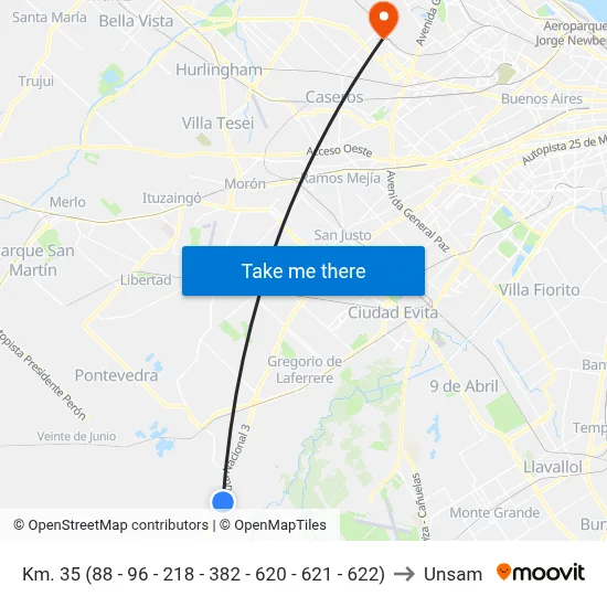 Km. 35 (88 - 96 - 218 - 382 - 620 - 621 - 622) to Unsam map