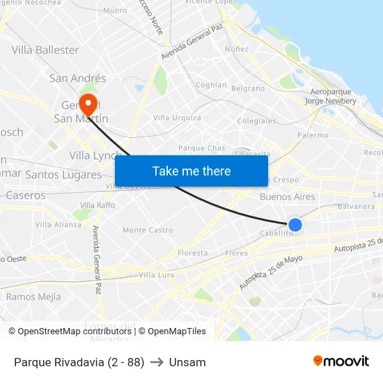 Parque Rivadavia (2 - 88) to Unsam map
