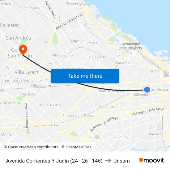 Avenida Corrientes Y Junín (24 - 26 - 146) to Unsam map