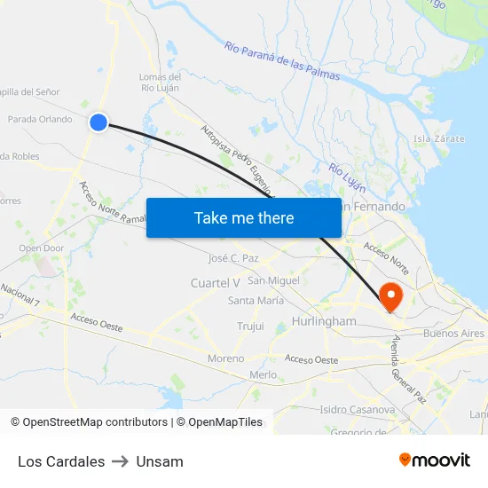 Los Cardales to Unsam map