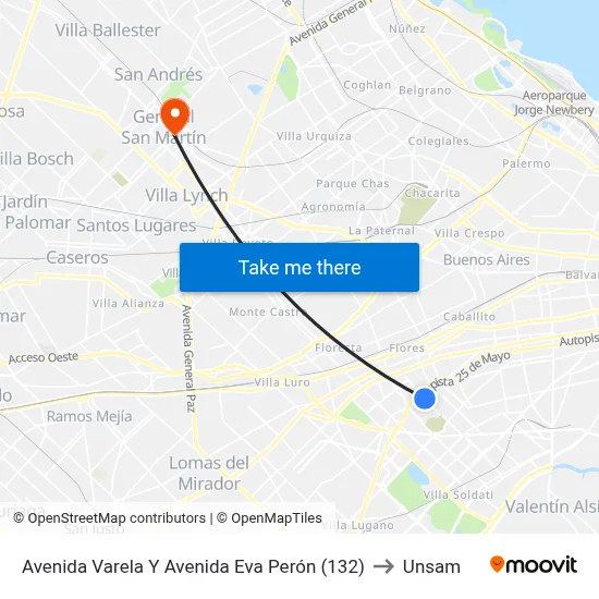Avenida Varela Y Avenida Eva Perón (132) to Unsam map