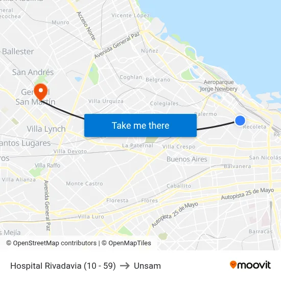 Hospital Rivadavia (10 - 59) to Unsam map