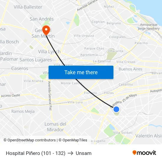 Hospital Piñero (101 - 132) to Unsam map
