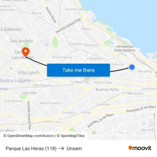 Parque Las Heras (118) to Unsam map