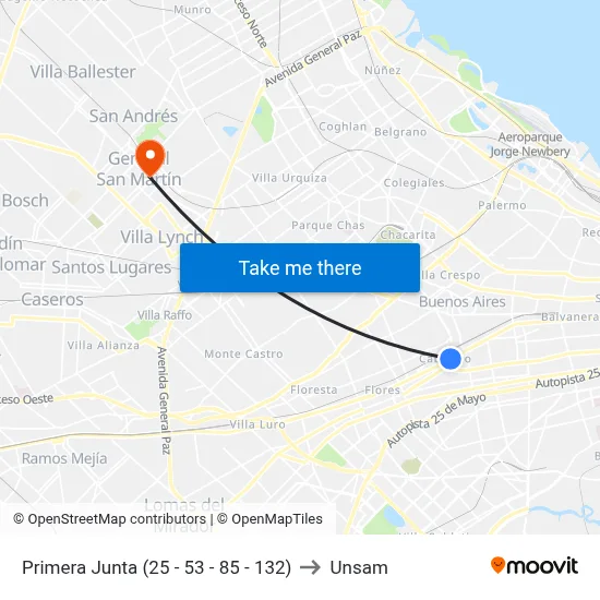 Primera Junta (25 - 53 - 85 - 132) to Unsam map